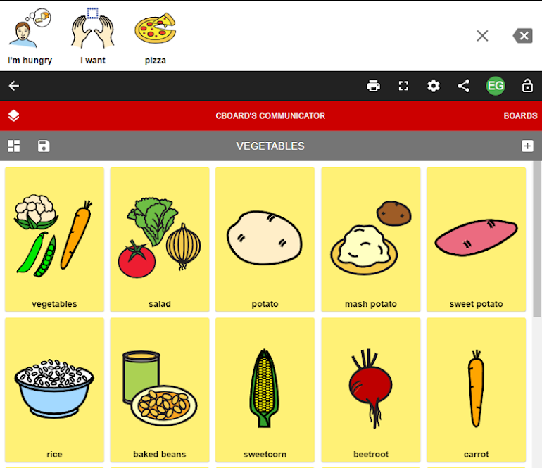 Cboard : pictogrammes de légumes