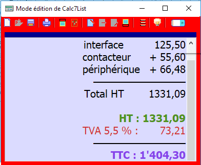 Calc7List - fenêtre ruban en mode éditable (exportation par copier-coller)