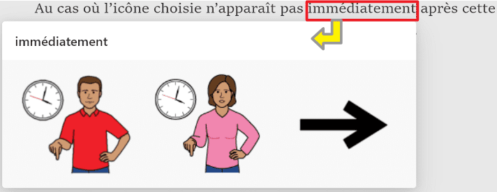 Illustration d’un mot sélectionné dans le texte par par pictogrammes PCS