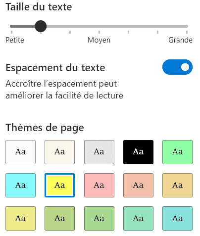 Lecteur immersif - préférences de texte (taille, espacement, couleur)
