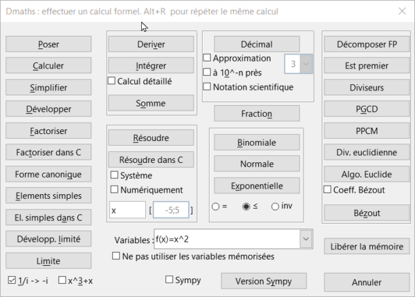 L'ensemble des outils de calcul formel accessible depuis LibreOffice Writer