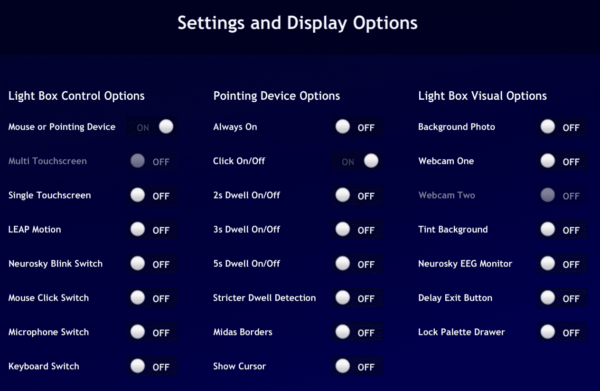 Light Box - menu des options
