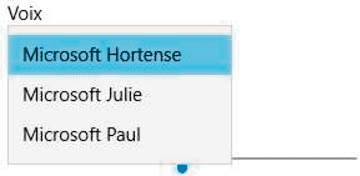 Windows 10 - Menu Paramètres, Voix, Synthèse vocale - voix Microsoft Hortense, Julie et Paul