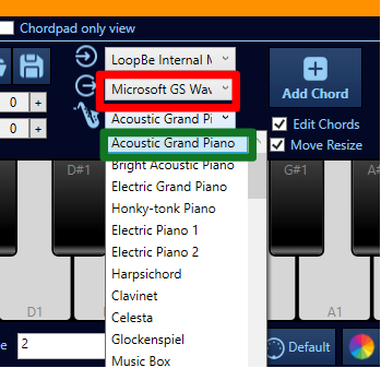 Sélection du synthétiseur de Windows, son Acoustic Grand Piano