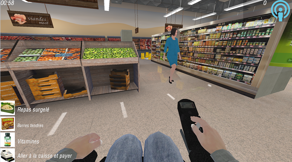 Miwe 2 : vous êtes en fauteuil roulant et approchez du rayon fruits et légumes d'un supermarché