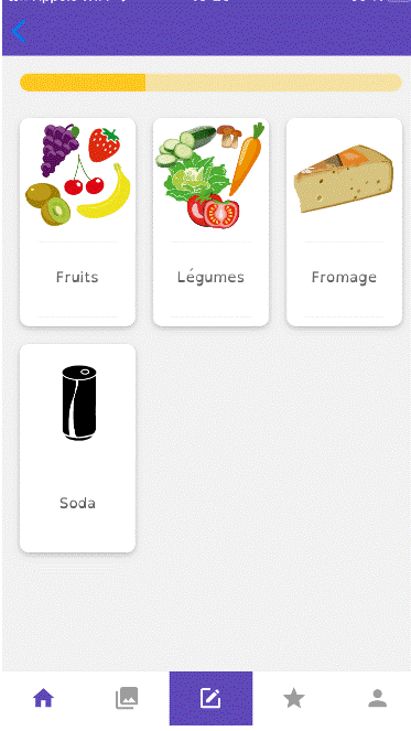 Vignette "Supermarché" de l'application Com'NOUS : fruits, légumes, fromage, soda