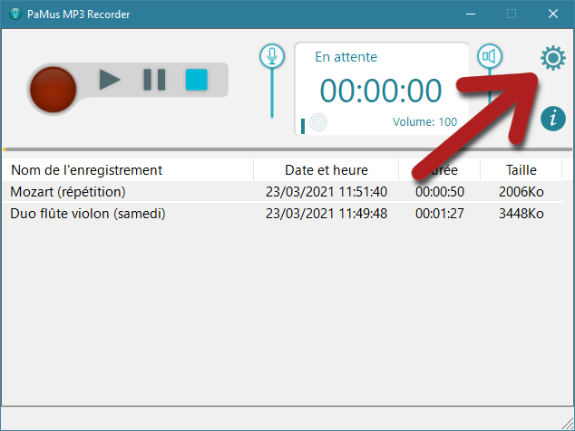 PaMus MP3 Recorder : accéder aux réglages