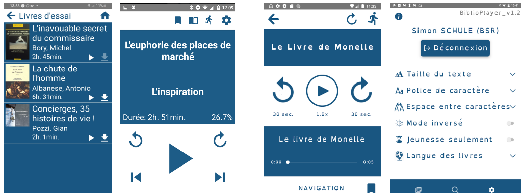 Interfaces graphiques des applications CallioPlayer et BiblioPlayer iOS et Android