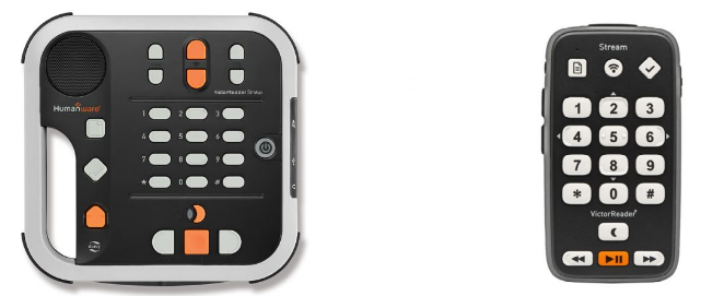 Autres appareils Humanware : Victor Reader Stratus 12 M équipé d’un pavé de navigation à 12 touches et Victor Reader Stream 3, modèle de poche.