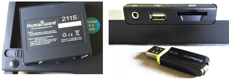Compartiment de piles : bloc accus rechargeable et face latérale droite : prise casque, port USB et port carte SD