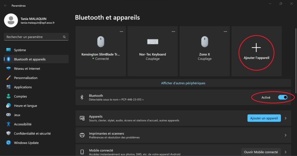 Appairage en Bluetooth : l'ordinateur reconnaît l'adaptateur Air Switch comme un clavier.Appairage AirSwitch - Etape 1 