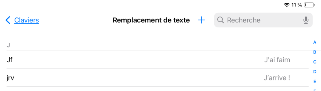 Répertoire de phrases dans l'onglet Remplacement de texte