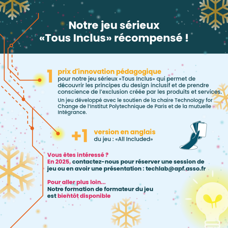 Notre jeu sérieux «Tous Inclus» récompensé ! 1 prix d'innovation pédagogique pour notre jeu sérieux «Tous Inclus» qui permet de découvrir les principes du design inclusif et de prendre conscience de l’exclusion créée par les produits et services. Un jeu développé avec le soutien de la chaire Technology for Change de l’Institut Polytechnique de Paris et de la mutuelle Intégrance. +1 version en anglais du jeu : «All Included» Vous êtes intéressé ? En 2025, contactez-nous pour réserver une session de jeu ou en avoir une présentation : techlab@apf.asso.fr Pour aller plus loin... Notre formation de formateur du jeu est bientôt disponible