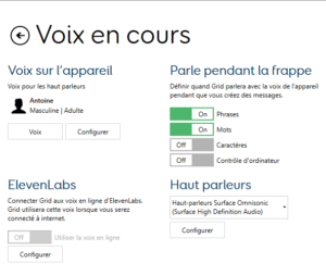 Configuration de la synthèse vocale dans Grid 3