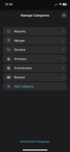 Écran de gestion des catégories