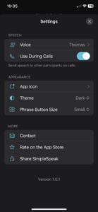 Paramètres de l'application SimpleSeak