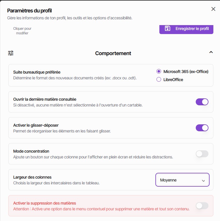 Classicom - Paramètres du profil