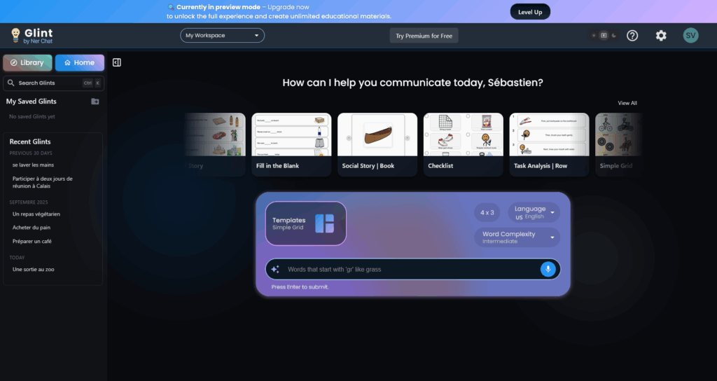 Glint - écran d'accueil
