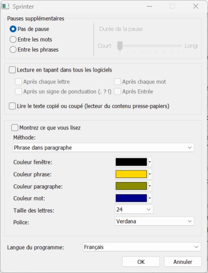 Sprinter - Paramétrage