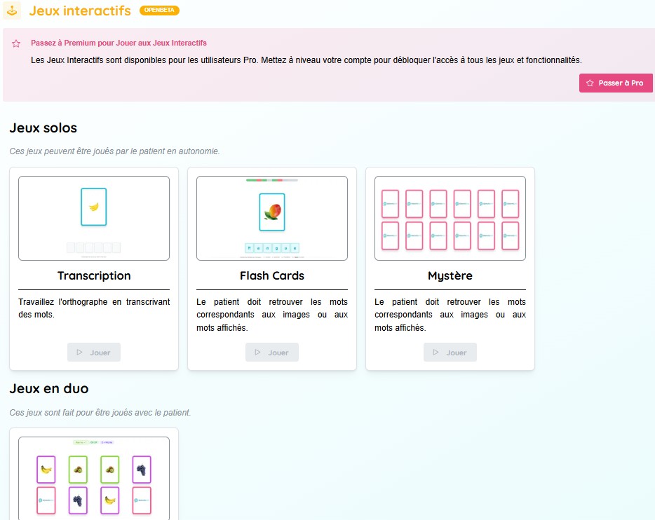 Interface du module Jeux interactifs