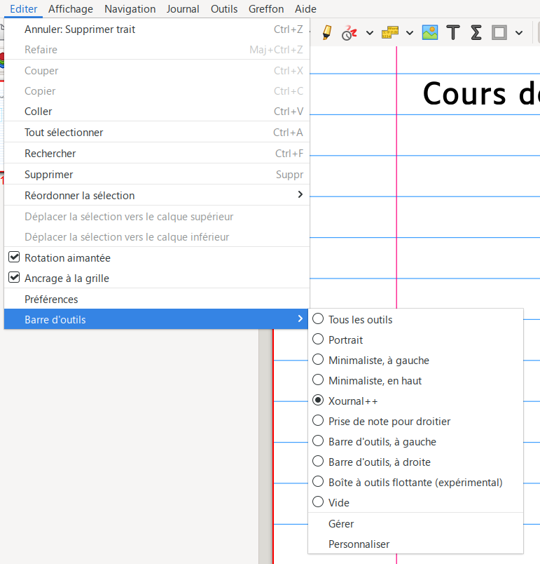 Plusieurs configurations de la barre d'outils sont disponibles nativement