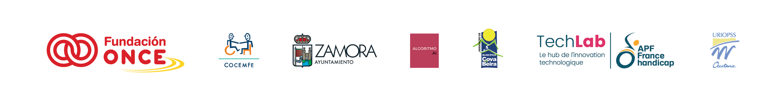 Logos des partenaires du projet IncluvIA : Fundacion Once, COCEMFE, Ayuntamiento Zamora, Algoritmo AI, Cova Beira, TechLab APF France handicap, URIOPSS Occitanie