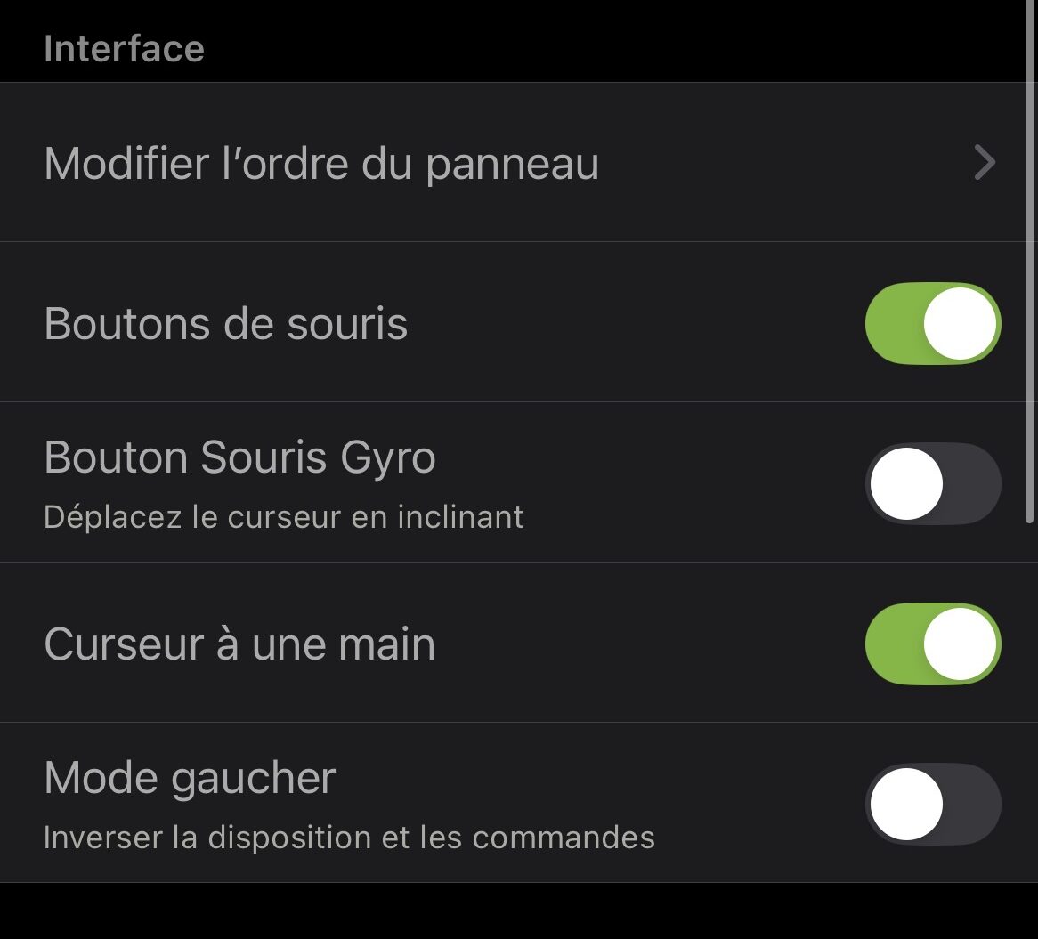 Réglages interface