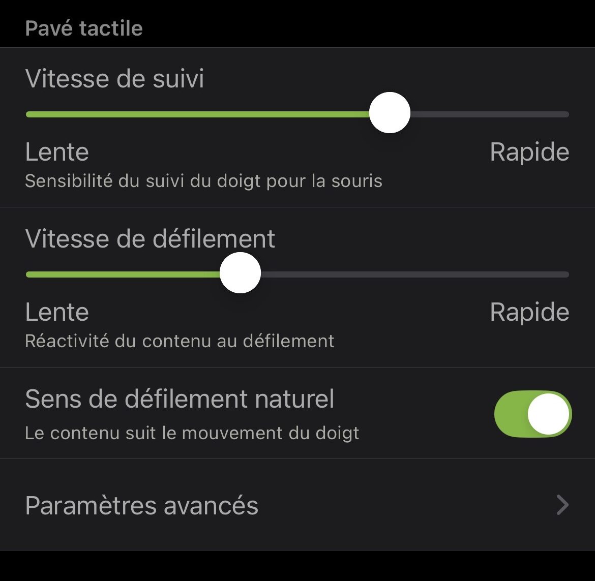 Réglages du pavé tactile