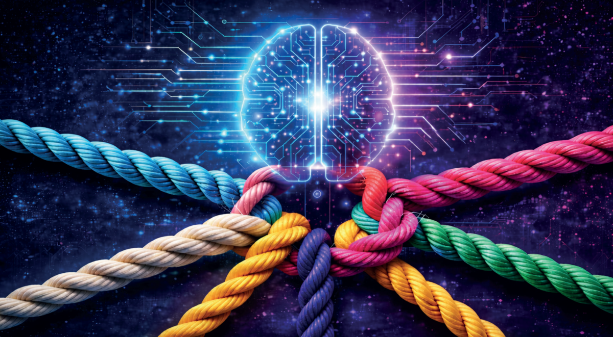 Des cordes colorées reliées entre elles, au dessus une illustration d'un circuit électrique formant un cerveau