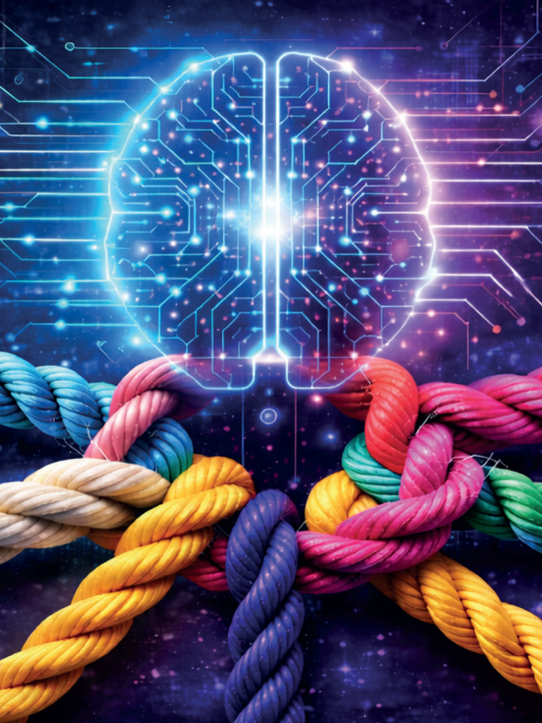 Des cordes colorées reliées entre elles, au dessus une illustration d'un circuit électrique formant un cerveau
