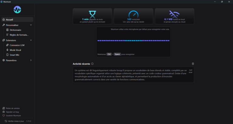 Écran d'accueil de l'application Murmure