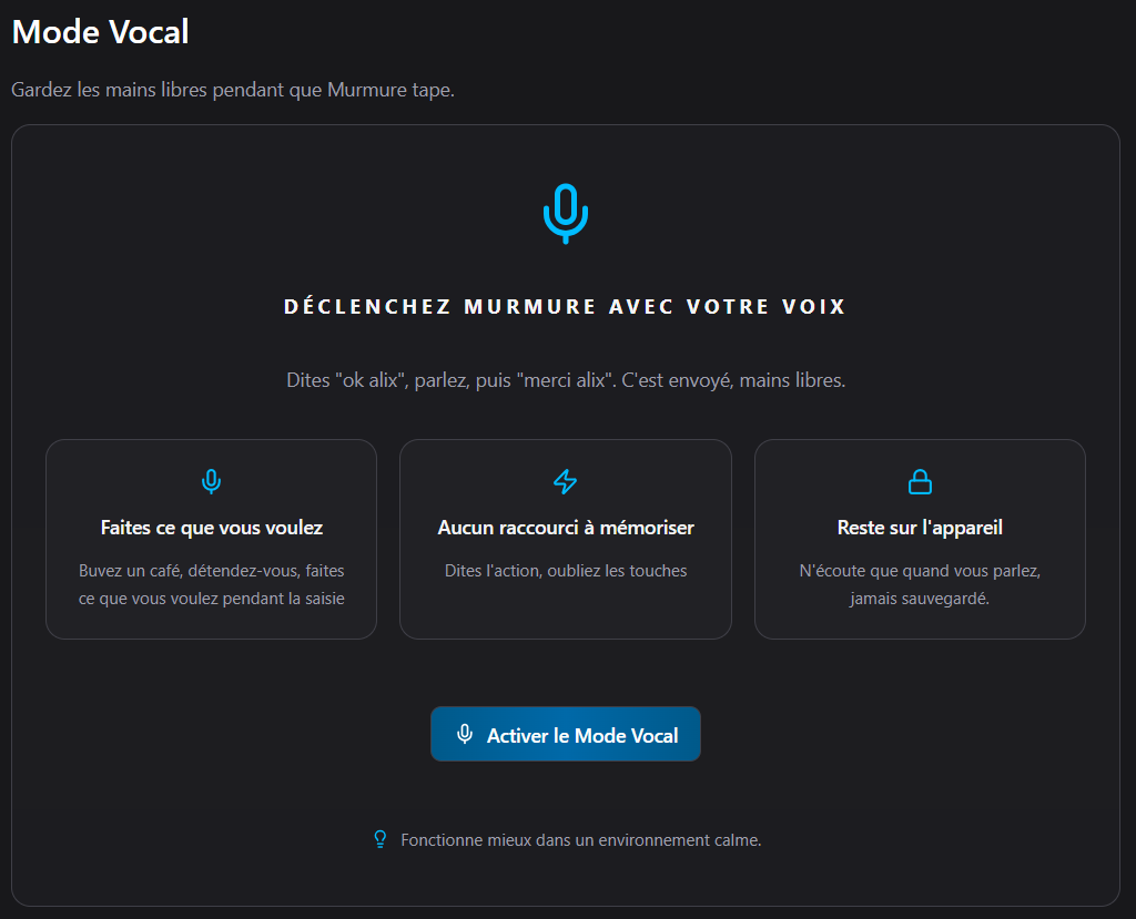Murmure - activation du mode vocal
