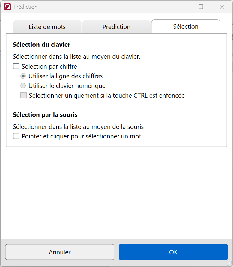 WordQ - Paramétrage du mode de sélection