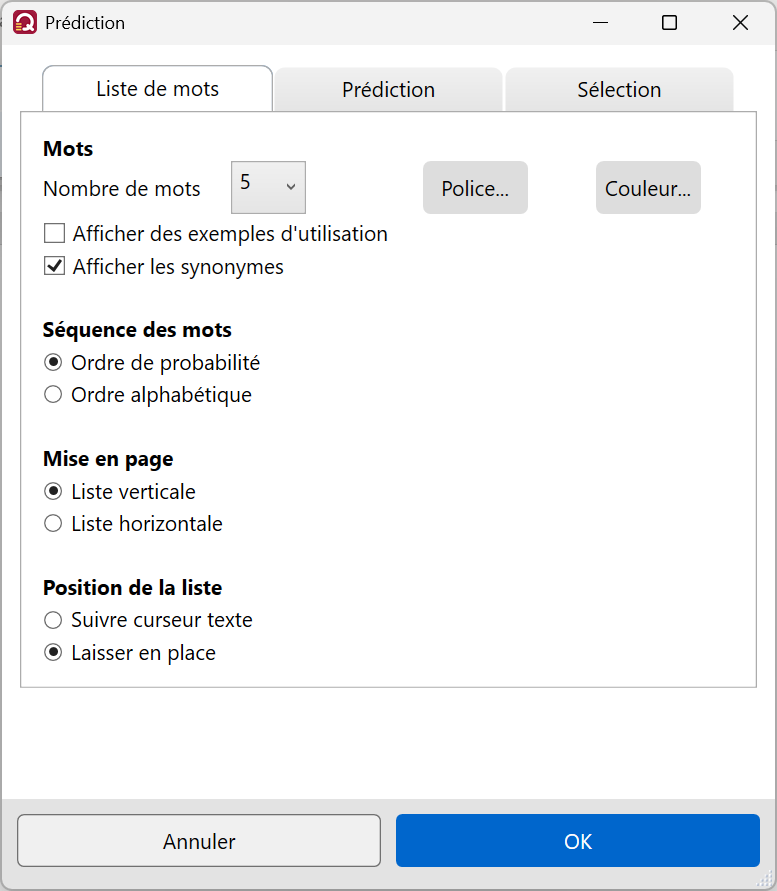WordQ - Paramétrage liste de mots