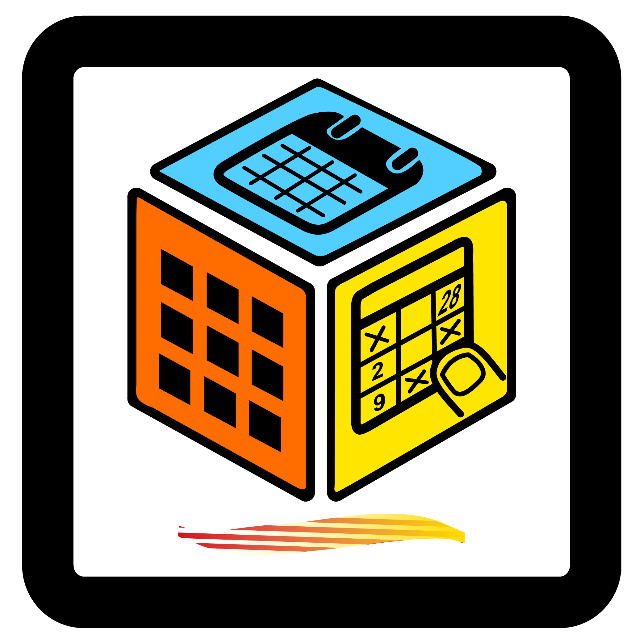 3 faces d'un cube, un calendrier, une grille, un morpio